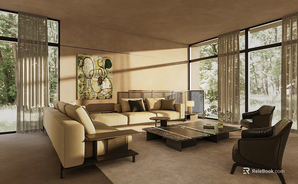 Modern Living Room Featuring Beige Sofa Coffee Table Wall Painting Large Windows And Natural Light 3d model 