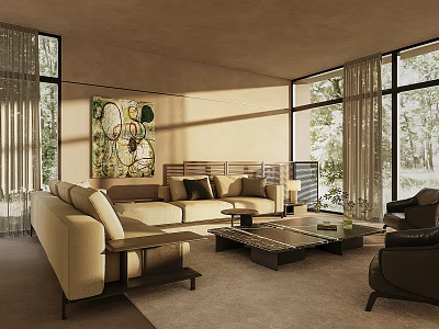 Modern Living Room Featuring Beige Sofa Coffee Table Wall Painting Large Windows And Natural Light 3d model
