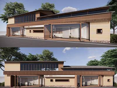 Modern Post Station Exterior Design With Wooden Structure And Glass Windows And Outdoor Trees 3d model