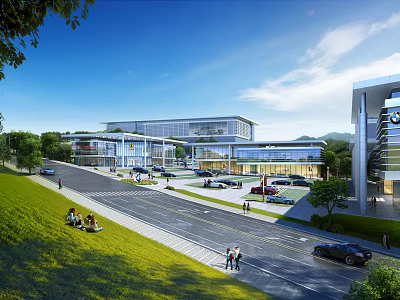 Modern Office Building With Scenic Green Landscape Parking Area Road And Pedestrians 3d model