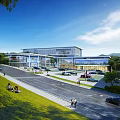 Modern Office Building With Scenic Green Landscape Parking Area Road And Pedestrians