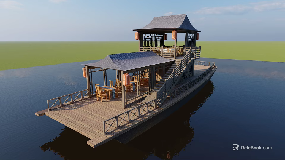 Traditional Wooden Boat With Pavilion Tables Chairs Railing On Water Surface 3d model 