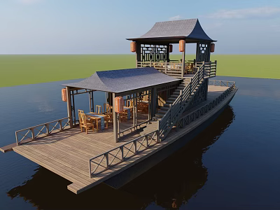 Traditional Wooden Boat With Pavilion Tables Chairs Railing On Water Surface 3d model