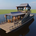 Traditional Wooden Boat With Pavilion Tables Chairs Railing On Water Surface