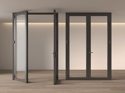 Modern Interior Double Doors With Black Frame And Glass Panels On Wooden Floor 3d model