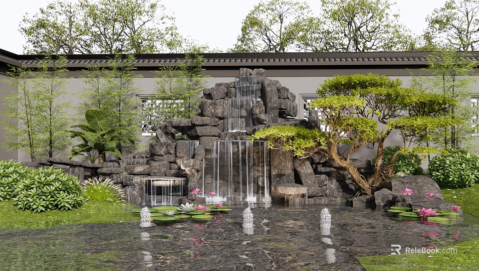 Traditional Rockery with Waterfall and Lotus Pond Surrounded by Trees and Plants 3d model 