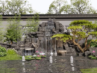 Traditional Rockery with Waterfall and Lotus Pond Surrounded by Trees and Plants 3d model