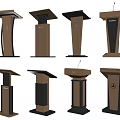 Various Designed Podiums With Wooden And Black Finishes And Brand Logos