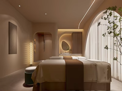 Modern SPA Sauna Interior Design With Massage Bed Arched Window Soft Lighting And Plant 3d model