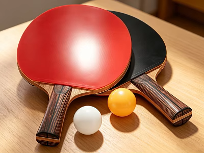 Red And Black Table Tennis Rackets With Wooden Handles And White Yellow Balls On Table 3d model
