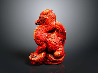 Red Mythical Dragon Carved Decorative Statue With Intricate Texture Design 3d model