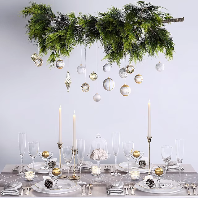 Festive Christmas Dinnerware Set with Candles Wine Glasses Ornaments and Evergreen Branches Table Setting 3d model 