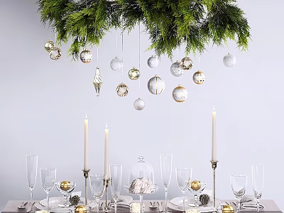 Festive Christmas Dinnerware Set with Candles Wine Glasses Ornaments and Evergreen Branches Table Setting 3d model