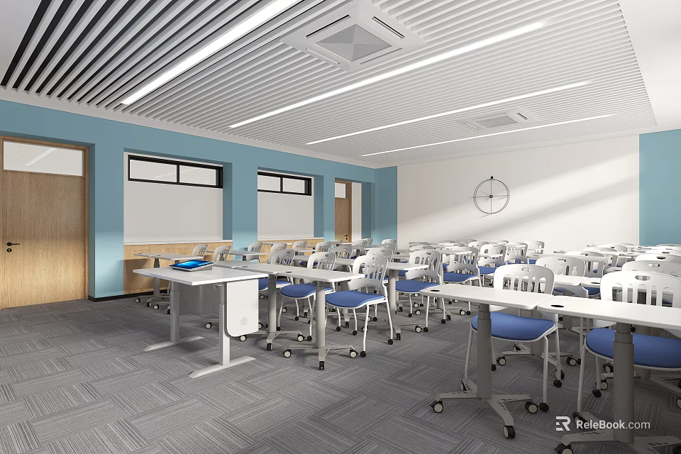 School Classroom Interior With Blue Walls White Desks Wheeled Chairs And Whiteboards 3d model 