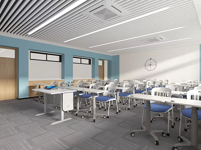 School Classroom Interior With Blue Walls White Desks Wheeled Chairs And Whiteboards 3d model