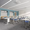 School Classroom Interior With Blue Walls White Desks Wheeled Chairs And Whiteboards