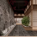 Japanese Style Elevator Hallway With Textured Wall Black Floor Tiles And Green Plants