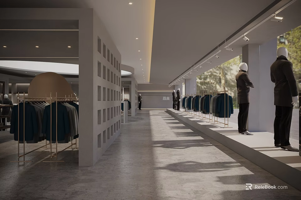 Spacious Modern Clothing Store Interior With Clothing Racks Mannequins And Natural Light 3d model 