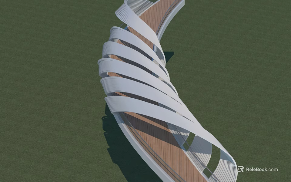 Modern Curved Bridge with White Spiral Structure and Wooden Deck Set Against Green Grass Background 3d model 