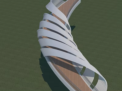 Modern Curved Bridge with White Spiral Structure and Wooden Deck Set Against Green Grass Background 3d model