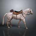 Light Gray Standing Horse With Detailed Brown Leather Saddle And Bridle