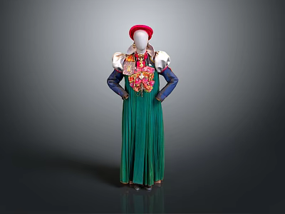 Traditional Folk Costume Featuring Green Pleated Dress Red Hat And Floral Embroidery 3d model
