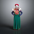 Traditional Folk Costume Featuring Green Pleated Dress Red Hat And Floral Embroidery