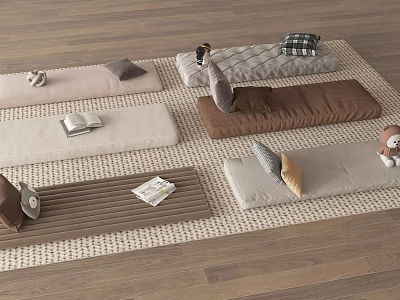 Decorative Floor Cushions With Pillows Books And Stuffed Toy On Wooden Floor 3d model