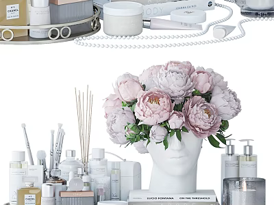 Stylish Modern Bathroom Accessories With Scented Sticks Skincare Bottles And Pink Peonies 3d model