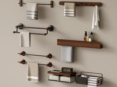 Bathroom Accessories Set With Wooden Shelves Metal Towel Racks And Soap Dishes 3d model