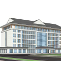 Modern Office Building With White Exterior Large Glass Windows And Front Plaza People And Trees
