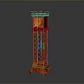Vintage Red Wooden Grandfather Clock With Lattice Design And Yellow Clock Face