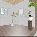 Long Wooden Table With Light Colored Chairs Long Pendant Light Bamboo Blinds Stone Wall Courtyard