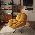 Yellow Fuzzy Lounge Chair In Cozy Living Room With Wooden Shelves And Decorative Items