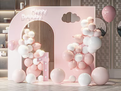 Pink and White Inflatable Birthday Arch with Happy Birthday Lettering and Cloud Decorations 3d model