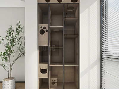 Modern Display Cabinet Shelf With Glass Door Cat Paw Decor And Shelves In Bright Interior 3d model