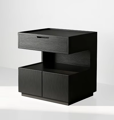 Modern Black Bedside Table With Drawer And Cabinet Doors Wood Grain Texture 3d model