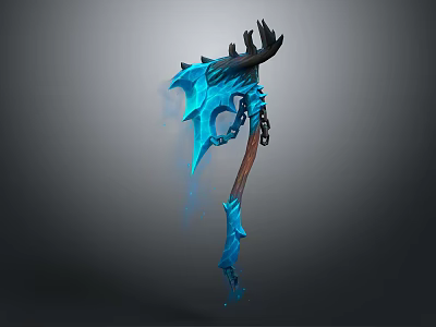 Fantasy Axe Weapon Featuring Blue Magical Effect Wooden Handle Antler Design And Spiked Chain Detail 3d model