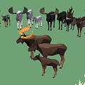 Group of Moose with Various Sizes Different Colors and Yellow Dark Antlers on Green Background