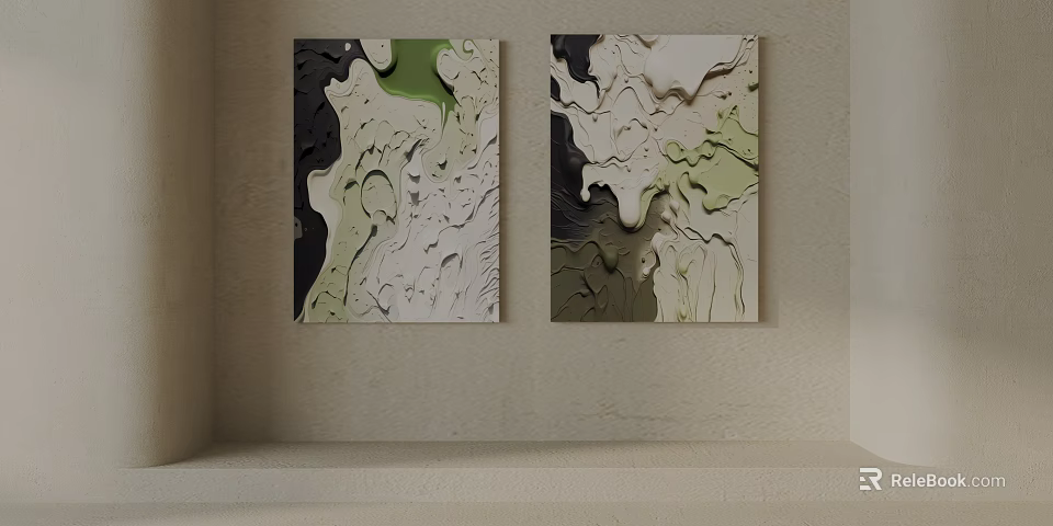 Two Abstract Textured Wall Art Pieces With Green Black And Beige Patterns 3d model
