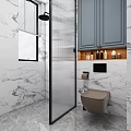 Modern Bathroom Toilet Interior Design With Gray Cabinets Marble Walls And Shower Area