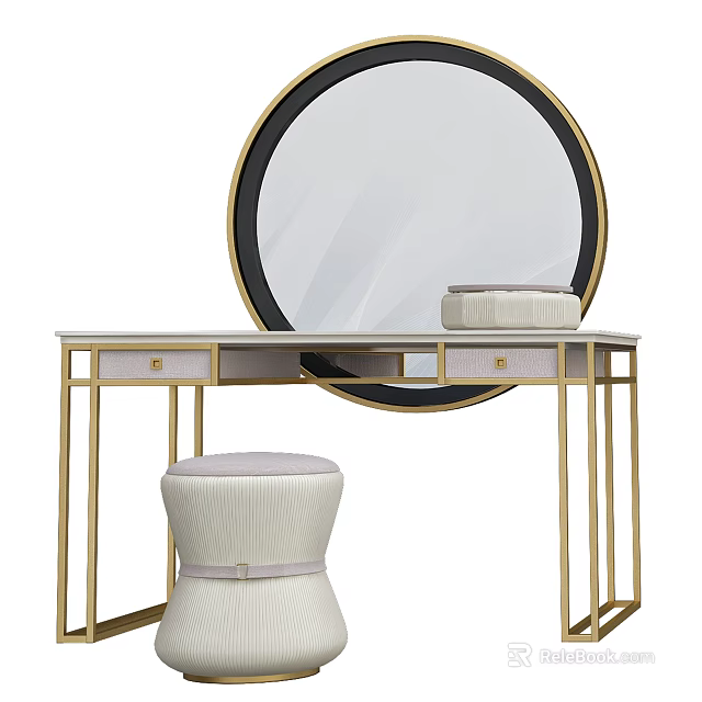 Modern Dressing Table With Round Gold Frame Mirror White Countertop And Stool 3d model