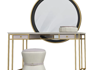 Modern Dressing Table With Round Gold Frame Mirror White Countertop And Stool 3d model