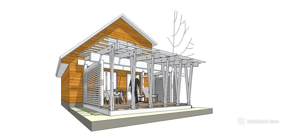 Wooden House Exterior Design With Covered Porch And Wooden Columns 3d model 
