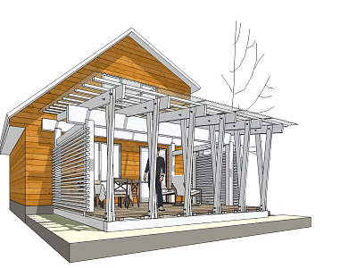 Wooden House Exterior Design With Covered Porch And Wooden Columns 3d model