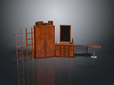 Various Wooden Furniture Collection With Wardrobe Dressing Table Ladder And Stool 3d model