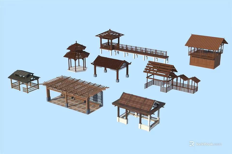 Traditional Chinese Wooden Architectural Structures Including Pavilions Pergolas and Roof Designs 3d model 
