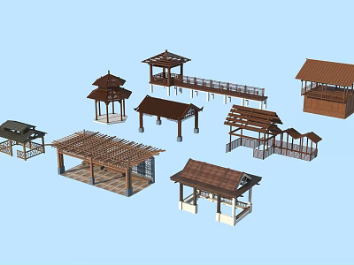 Traditional Chinese Wooden Architectural Structures Including Pavilions Pergolas and Roof Designs 3d model