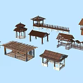 Traditional Chinese Wooden Architectural Structures Including Pavilions Pergolas and Roof Designs