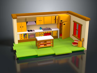 Cartoon Kitchen Scene With Yellow Cabinets White Countertop Green Floor Small Table And Window 3d model